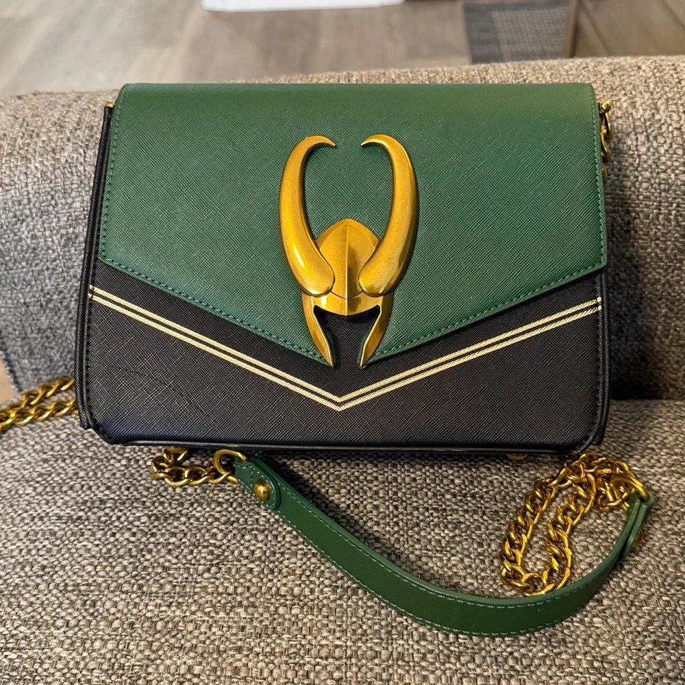Loungefly Disney Marvel Loki hardware crossbody bag faux leather green/black - Picture 2 of 7